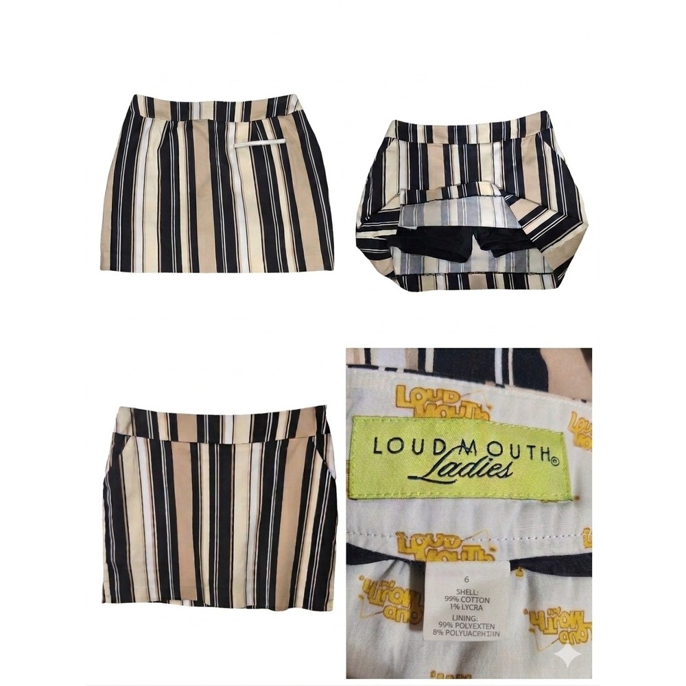 Loudmouth Ladies Strokes Golf‎ Skort Tan Black White Striped Skirt Size 6